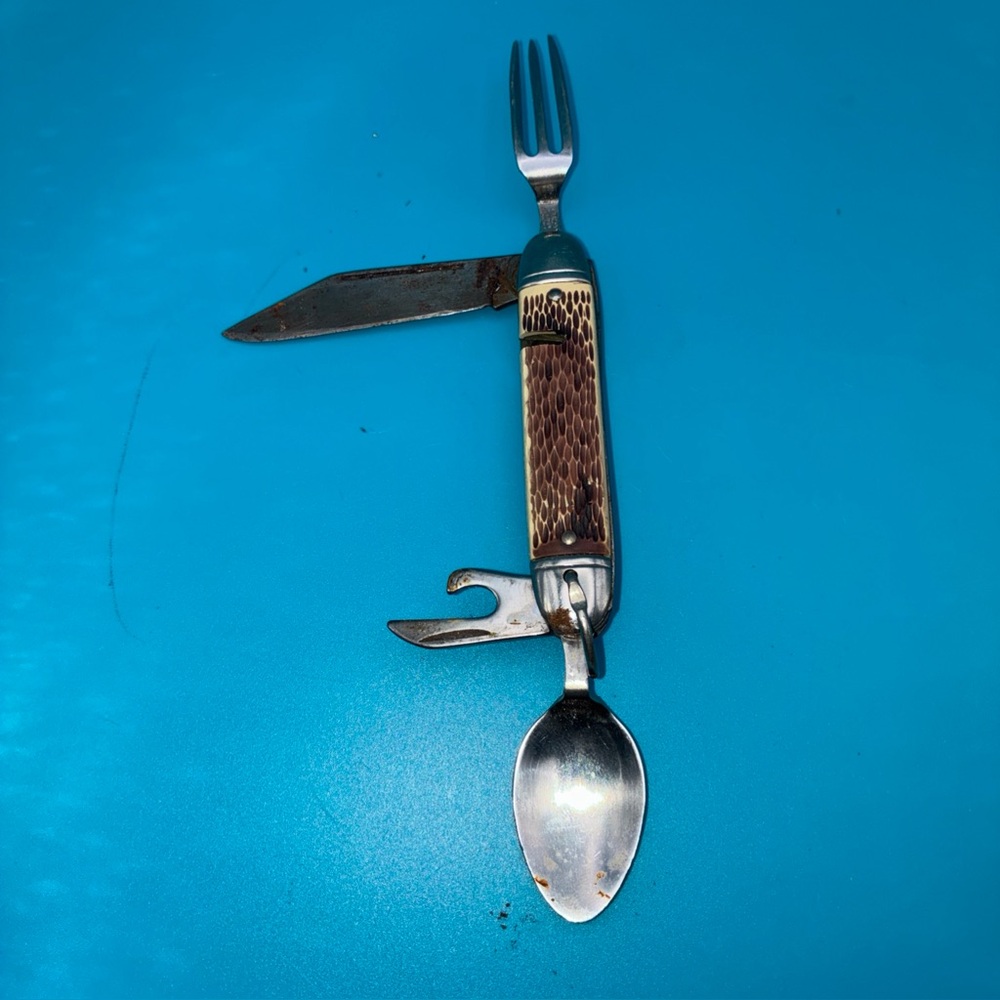Vintage Colonial Prov. USA Hobo Camping Pocket Knife Fork,Spoon, Can Opener 3.5"